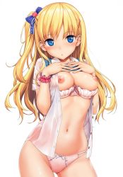 Rule 34 | 1girl, blonde hair, blue eyes, blush, bow, bow panties, bra, bra pull, breast suppress, breasts, cleavage, clothes lift, clothes pull, contrapposto, cowboy shot, dress shirt, hair bow, hair ornament, hairclip, hands on own chest, highres, jewelry, large breasts, long hair, looking at viewer, navel, nipples, no pants, one side up, open clothes, open shirt, panties, pink bra, pink panties, ring, school uniform, shiny skin, shirt, short sleeves, simple background, solo, standing, stomach, string panties, sweater, sweater lift, sweater vest, takayaki, underwear, vest, vest lift, white background, wrist cuffs