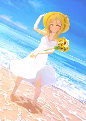 Rule 34 | 1girl, adjusting clothes, adjusting headwear, arm up, bare arms, barefoot, beach, blonde hair, blue sky, braid, closed mouth, collarbone, crown braid, day, dress, dutch angle, eyebrows, flower, full body, hair rings, hand on headwear, hat, highres, holding, holding flower, long hair, looking at viewer, love live!, love live! school idol festival, love live! sunshine!!, mocha (snowflake), ocean, ohara mari, outdoors, sand, scenery, shadow, sky, sleeveless, sleeveless dress, smile, solo, standing, straw hat, sundress, sunflower, tareme, wading, water, waves, white dress, wind, wind lift, yellow eyes