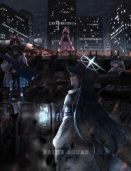 Rule 34 | 4girls, armband, asymmetrical bangs, atsuko (blue archive), bandaged neck, bandages, baseball cap, black gloves, black hair, black headwear, black hoodie, black mask, blue archive, blue eyes, building, city, cityscape, commentary, dress, embers, english commentary, english text, eyes visible through hair, facing viewer, fim-92 stinger, gas mask, gloves, glowing, green hair, grin, hair between eyes, hair ornament, hair over one eye, hairclip, halo, hat, highres, hiyori (blue archive), holding, holding rocket launcher, holding weapon, hood, hood up, hooded jacket, hoodie, jacket, junu (jwoo5627), light, long hair, long sleeves, looking at viewer, mask, misaki (blue archive), motor vehicle, mouth mask, multiple girls, night, open clothes, open jacket, open mouth, pink hair, red eyes, rocket launcher, rubble, saori (blue archive), scarf, short hair, side ponytail, sidelocks, smile, standing, surgical mask, torn clothes, truck, weapon, white dress, white jacket, white scarf, wreckage