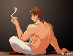 Rule 34 | 1boy, arm support, back, between fingers, blue ribbon, brown background, brown eyes, brown hair, cigarette, fate/grand order, fate (series), hector (fate), holding, looking back, luboyaqqz, male focus, pants, ponytail, ribbon, smile, smoke, solo, topless male, weibo logo, white pants