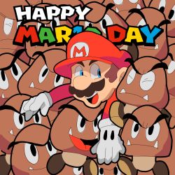 Rule 34 | 1boy, 6+others, angry, anniversary, annoyed, blue eyes, brown hair, character name, facial hair, gloves, goomba, grin, hat, highres, mario, mario (series), multiple others, mustache, nintendo, open mouth, smile, super mario bros. 1