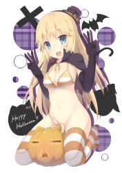 Rule 34 | 1girl, :d, bikini, blonde hair, blue eyes, blush, bow, breasts, cape, cleavage, double v, fang, halloween, happy halloween, hat, hat bow, jack-o&#039;-lantern, long hair, looking at viewer, mini hat, mini top hat, navel, open mouth, original, samegami, seiza, shadow, side-tie bikini bottom, sitting, skindentation, smile, solo, striped bikini, striped clothes, striped thighhighs, swimsuit, thighhighs, top hat, untied, v, wardrobe malfunction