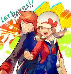Rule 34 | 1boy, 1girl, :d, bag, black jacket, blue overalls, blush, brown eyes, brown hair, clenched hand, commentary, creatures (company), game freak, grey eyes, handbag, hat, hat ribbon, jacket, kash-phia, long hair, long sleeves, lyra (pokemon), nintendo, open mouth, orange hair, overalls, pokemon, pokemon hgss, red ribbon, red shirt, ribbon, shirt, silver (pokemon), smile, sweatdrop, teeth, tongue, twintails, upper teeth only, white headwear, yellow bag