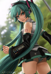 Rule 34 | 1girl, artist name, ass, blurry, depth of field, detached sleeves, from behind, green eyes, green hair, hatsune miku, headset, highres, long hair, looking back, necktie, novcel, panties, parted lips, skirt, solo, striped clothes, striped panties, thighhighs, twintails, underwear, very long hair, vocaloid