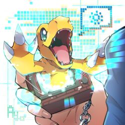 Rule 34 | agumon, ayo (ayosanri009), chain, claws, colored skin, creature, digimon, digimon (creature), digivice, fangs, fingernails, glitch, green eyes, open mouth, orange skin, signature, size difference, sun, tongue, toy