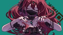 Rule 34 | 1girl, absurdres, black shirt, collarbone, detached collar, esperanza (vocaloid), closed eyes, frilled shirt, frills, green background, hair behind ear, head tilt, highres, jewelry, katorea, mask, mouth mask, nail polish, necklace, off-shoulder shirt, off shoulder, official art, puppet, qr code, red hair, red nails, ring, shirt, solo, vocaloid