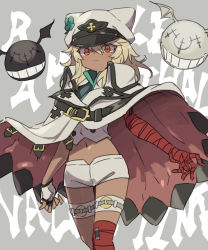 Rule 34 | 1girl, animal hat, text background, bandaged arm, bandages, cape, closed mouth, clover, dark-skinned female, dark skin, fingerless gloves, four-leaf clover, gazacy (dai), gloves, grey background, grey hair, guilty gear, guilty gear strive, hair between eyes, hat, hat ornament, highres, long hair, navel, orange eyes, ramlethal valentine, red thighhighs, shorts, simple background, single glove, single thighhigh, thigh strap, thighhighs, white headwear, white shorts
