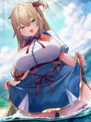 Rule 34 | 1girl, ahoge, akai haato, akai haato (1st costume), aqua eyes, beach, blonde hair, blue skirt, blue sky, blurry, blurry background, blush, breasts, cloud, collared shirt, day, fang, gluteal fold, hair between eyes, hair ornament, heart, heart hair ornament, highres, hololive, huge breasts, long hair, looking at viewer, magowasabi, nail polish, open mouth, outdoors, red ribbon, ribbon, shirt, short sleeves, signature, skin fang, skirt, sky, smile, solo, standing, summer, thick thighs, thighs, very long hair, virtual youtuber, wading, white shirt