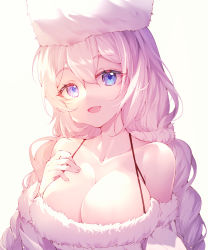 Rule 34 | 1girl, avrora (azur lane), azur lane, bare shoulders, blue eyes, braid, breasts, cleavage, dress, fur-trimmed dress, fur hat, fur trim, hand on own chest, hat, highres, large breasts, long hair, looking at viewer, open mouth, shiro kanae, simple background, solo, twin braids, upper body, very long hair, white background, white dress, white hair