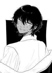 Rule 34 | black background, collared shirt, dark skin, from behind, greyscale, hair between eyes, jacket, looking at viewer, looking back, maru (memoriatechnica), monochrome, off shoulder, open clothes, open jacket, original, shirt, solo, two-tone background, white background