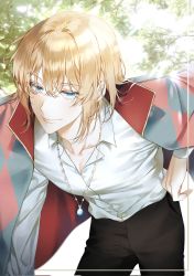 Rule 34 | 1boy, black pants, blonde hair, blue eyes, bob cut, checkered clothes, checkered jacket, collarbone, collared shirt, cowboy shot, crossed bangs, ea ateu, hair between eyes, hand on own hip, highres, howl (howl no ugoku shiro), howl no ugoku shiro, jacket, jacket on shoulders, jewelry, leaning forward, long sleeves, looking at viewer, male focus, medium hair, necklace, outdoors, pants, shirt, smile, solo, tree, white shirt