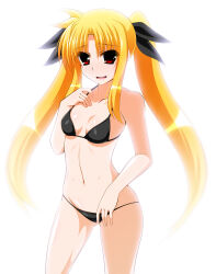 Rule 34 | 1girl, bare arms, bikini, black bikini, black bow, blonde hair, bow, breasts, cleavage, collarbone, cowboy shot, engo (aquawatery), fate testarossa, floating hair, gluteal fold, groin, hair between eyes, hair bow, highres, long hair, looking at viewer, lowleg, lowleg bikini, lyrical nanoha, navel, open mouth, red eyes, simple background, small breasts, solo, standing, swimsuit, twintails, very long hair, white background
