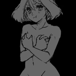 Rule 34 | 1girl, black background, breasts, covering privates, covering breasts, creatures (company), game freak, grabbing own breast, greyscale, lowres, may (pokemon), medium breasts, mokorei, monochrome, nintendo, nude, pokemon, pokemon adventures, short hair, simple background, solo, upper body