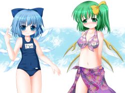 Rule 34 | 2girls, arms behind back, bikini, blue eyes, blue hair, blush, bow, breasts, cirno, daiyousei, covered erect nipples, fairy wings, flower (symbol), front-tie bikini top, front-tie top, green eyes, green hair, hair bow, hair ribbon, ice, ice wings, medium breasts, multiple girls, multiple wings, name tag, one-piece swimsuit, pointing, pointing up, purple bikini, ribbon, riku (rikkuru), sarong, school swimsuit, short hair, side ponytail, small breasts, smirk, swimsuit, touhou, wavy mouth, wings, wink