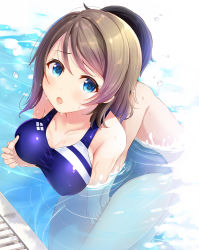 Rule 34 | 1boy, 1girl, blue eyes, blue one-piece swimsuit, grabbing another&#039;s breast, breasts, cleavage, competition swimsuit, day, fingering, grabbing, grey hair, hetero, komone ushio, love live!, love live! sunshine!!, one-piece swimsuit, open mouth, outdoors, partially submerged, pool, short hair, swimsuit, thighs, watanabe you