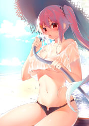 Rule 34 | 10s, 1girl, alternate costume, beach, blue hair, breasts, cleavage, cloud, crop top, crop top overhang, day, gradient hair, harusame (kancolle), hat, highres, hose, kantai collection, large breasts, looking at viewer, midriff, multicolored hair, navel, no bra, obiwan, off shoulder, open fly, open mouth, outdoors, pink hair, sand, shiny skin, shirt, short shorts, shorts, side ponytail, sitting, sky, solo, tongue, tongue out, underboob, water, wet, wet clothes, wet shirt