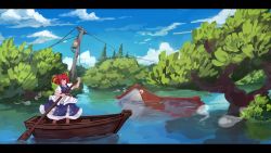 Rule 34 | 1girl, blue sky, boat, closed eyes, closed mouth, cloud, flood, full body, ghost, hair bobbles, hair ornament, holding, house, hyoutan tan, letterboxed, onozuka komachi, outdoors, red hair, short hair, sky, solo, standing, touhou, tree, two side up, utility pole, watercraft