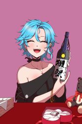 Rule 34 | 1girl, absurdres, bare shoulders, black choker, blue hair, blush, bottle, box, bracelet, breasts, chiebukuro setsuka, choker, closed eyes, collarbone, commission, facing viewer, haden, hair between eyes, heart-shaped box, highres, holding, holding bottle, jewelry, large breasts, nail polish, off shoulder, pink background, smile, solo, stuffed animal, stuffed toy, super danganronpa another 2, teddy bear, translation request, upper body