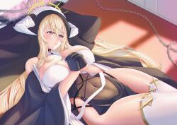 Rule 34 | 1girl, azur lane, black gloves, blonde hair, breasts, chain, cleavage, covered navel, fake horns, gloves, gold trim, habit, hair between eyes, half gloves, highres, horns, implacable (azur lane), indoors, interlocked fingers, kaidou nora-, large breasts, long bangs, long hair, lying, nun, on back, pelvic curtain, red eyes, revealing clothes, see-through, solo, thighhighs, veil, very long hair, white horns, white thighhighs