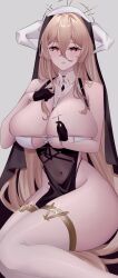 Rule 34 | 1girl, absurdres, azur lane, bare shoulders, between breasts, black dress, black gloves, blonde hair, breasts, cleavage, covered navel, dress, fake horns, feet out of frame, gloves, grey background, habit, hair between eyes, half gloves, halo, hand on own chest, highres, horns, huge breasts, implacable (azur lane), long hair, looking at viewer, mechanical halo, nanako94418108, nun, parted lips, pelvic curtain, red eyes, revealing clothes, see-through, shiny skin, simple background, sitting, skindentation, sleeveless, solo, thick thighs, thighhighs, thighs, two-tone dress, veil, very long hair, white thighhighs