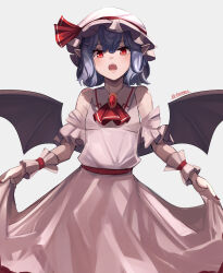 Rule 34 | 1girl, ascot, bat wings, blue hair, commentary, daweykun, dress, grey background, hat, highres, looking at viewer, mob cap, open mouth, pink dress, red ascot, red eyes, remilia scarlet, short hair, simple background, solo, teeth, touhou, twitter username, upper teeth only, white hat, wings, wrist cuffs