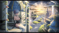Rule 34 | 10s, 1girl, adapted costume, arm support, arms at sides, balcony, bare shoulders, black gloves, blue eyes, blue hair, blunt bangs, bottomless, breasts, building, castle, choker, cleavage, cloud, cloudy sky, corset, dome, elbow gloves, evening, fantasy, floating island, flower, frilled choker, frills, from side, gloves, grass, groin, hair ornament, hair ribbon, highres, hk (hk), ironwork, landscape, legs together, letterboxed, looking at viewer, matching hair/eyes, medium breasts, nipples, no pants, off shoulder, pillar, plant, railing, re:zero kara hajimeru isekai seikatsu, rem (re:zero), ribbon, scenery, short hair, sitting, sky, solo, spire, sun, sunlight, thighhighs, thighs, vines, water, waterfall, white gloves, white thighhighs