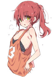 Rule 34 | 1girl, basketball uniform, black bra, bocchi the rock!, bra, breasts, cleavage, commentary request, green eyes, heavy breathing, highres, kita ikuyo, looking at viewer, mel (melty pot), open mouth, ponytail, red hair, short hair, simple background, small breasts, solo, sportswear, sweat, underwear, white background