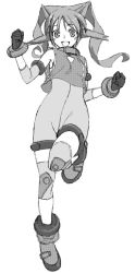 Rule 34 | 00s, 1girl, :d, animal ears, armpits, bangle, bare shoulders, blush, boots, bracelet, clenched hands, crop top, full body, gloves, greyscale, jewelry, knee boots, knee pads, leg up, looking at viewer, monochrome, open mouth, satou atsuki, short hair, simple background, sketch, sleeveless, smile, solo, solty rei, solty revant, standing, standing on one leg, tareme, white background