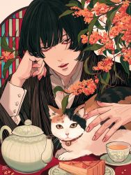 Rule 34 | 1boy, bell, black hair, bob cut, branch, brown eyes, brown kimono, buttons, cake, cake slice, calico, cat, closed mouth, collared shirt, commentary request, cup, dress shirt, fingernails, flower, food, hand up, head rest, highres, japanese clothes, jingle bell, kagoya1219, kimono, leaf, long sleeves, looking at viewer, male focus, medium hair, orange flower, original, osmanthus, plate, sanpaku, shirt, sleeve cuffs, solo, stained glass, straight hair, tea, teacup, teapot, upper body, white shirt