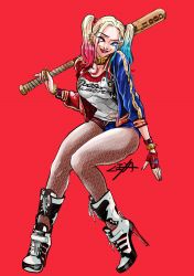 Rule 34 | 1girl, baseball bat, batman (series), blonde hair, boots, breasts, colored tips, dc comics, fishnets, harley quinn, high heel boots, high heels, jacket, lipstick, makeup, multicolored hair, pantyhose, short shorts, shorts, sitting, solo, suicide squad, twintails, weapon