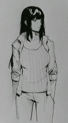 Rule 34 | 1girl, black eyes, black hair, blunt bangs, breasts, commentary, english commentary, greyscale, jacket, long hair, looking away, lynus, monochrome, original, simple background, sleeves rolled up, solo, tank top, traditional media