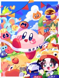 Rule 34 | :d, :o, ^ ^, adeleine, apple, arms up, bandana, bandana waddle dee, basket, beret, bird, black hair, blue bandana, blue cape, blue eyes, blue sky, blush, blush stickers, border, bug, butterfly, cake, cape, capiller (kirby), character request, checkered flag, clenched hand, closed eyes, cloud, collared shirt, commentary request, confetti, day, elfilin, fallen down, finish line, flag, flower, food, fruit, fur-trimmed jacket, fur trim, gooey (kirby), grass, green eyes, green shirt, hand up, hat, highres, hill, holding, holding basket, holding flag, holding food, holding pom poms, insect, jacket, king dedede, kirby, kirby (series), long sleeves, looking at viewer, magolor, mask, maxim tomato, meta knight, n-z, nintendo, omame sakana, on cloud, onigiri, open mouth, outdoors, outside border, parted bangs, path, pennant, pitch (kirby), plugg (kirby), pom pom (cheerleading), pom poms, racing, rayman limbs, red flower, red headwear, red jacket, road, running, scarfy, shirt, short hair, sky, smile, string of flags, tomato, tulip (kirby), v-shaped eyebrows, waddle doo, whiskers (kirby), white border, yellow butterfly, zoos (kirby)