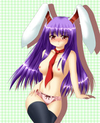 Rule 34 | 1girl, animal ears, black thighhighs, blush, bow, bow panties, breasts, chitose (pixiv), female focus, highres, kagura chitose, long hair, medium breasts, necktie, nipples, panties, panties only, pink panties, purple hair, rabbit ears, red eyes, red necktie, reisen udongein inaba, solo, thighhighs, topless, touhou, underwear, underwear only
