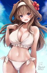 Rule 34 | 1girl, :d, absurdres, alternate costume, bikini, breasts, brown hair, cleavage, commentary request, dated, flower, hair flower, hair ornament, hairband, hand up, hibiscus, highres, kantai collection, kongou (kancolle), large breasts, long hair, looking at viewer, mashiro yukiya, navel, open mouth, purple eyes, red flower, signature, sky, smile, solo, swimsuit, white bikini, white hairband
