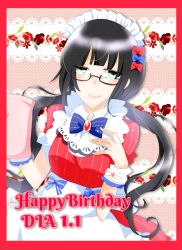 Rule 34 | 1girl, alternate hairstyle, apron, artist name, artist request, black hair, blue bow, blunt bangs, border, bow, bowtie, diamond (gemstone), dress, female focus, floating hair, flower, frilled apron, frilled shirt collar, frilled skirt, frills, glasses, green eyes, hair bow, half-closed eyes, hand on own chest, highres, holding, kurosawa dia, long hair, looking at viewer, love live!, love live! school idol festival, love live! sunshine!!, miniskirt, mole, mole under mouth, pink background, plaid, plaid dress, plaid skirt, pleated, pleated dress, pleated skirt, puffy short sleeves, puffy sleeves, red border, red bow, red dress, red flower, red skirt, short sleeves, skirt, solo, striped clothes, striped dress, twintails, vertical-striped clothes, vertical-striped dress, watch, white apron, white bow, white headdress, white wrist cuffs, wrist bow, wrist cuffs