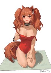 Rule 34 | 1girl, :d, absurdres, airnery, angelina (arknights), angelina (summer flower) (arknights), animal ears, arknights, bare legs, bare shoulders, blush, bracelet, breasts, brown hair, casual one-piece swimsuit, cleavage, collarbone, covered navel, dated, earrings, full body, hair ribbon, highres, infection monitor (arknights), jewelry, kirisuzu, kneeling, large breasts, long hair, looking at viewer, necklace, official alternate costume, one-piece swimsuit, open mouth, pulling own clothes, red eyes, red one-piece swimsuit, ribbon, simple background, smile, solo, strap pull, swimsuit, tail, tan, twintails, twitter username