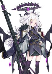 Rule 34 | 1girl, absurdres, ahoge, armband, belt, black gloves, black horns, black thighhighs, black wings, blue archive, blush, closed mouth, coat, coat on shoulders, dark halo, fur-trimmed coat, fur trim, gem, gloves, gradient legwear, grey background, grey coat, gun, hair ornament, hairclip, halo, hand on own hip, highres, hina (blue archive), holding, holding gun, holding weapon, horns, kazukingu, long hair, looking at viewer, low wings, multicolored clothes, multicolored coat, multiple horns, purple coat, purple eyes, purple gemstone, purple horns, purple thighhighs, red armband, rifle, simple background, skindentation, sniper rifle, solo, thighhighs, two-tone coat, very long hair, weapon, white hair, wings