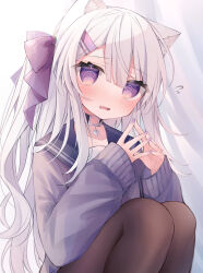 Rule 34 | 1girl, @ @, animal ear fluff, animal ears, black choker, blue sailor collar, blush, bow, brown pantyhose, cat ears, choker, commentary request, fang, feet out of frame, flying sweatdrops, grey hair, hair between eyes, hair bow, highres, knees up, long hair, long sleeves, looking at viewer, nail polish, original, pantyhose, parted lips, puffy long sleeves, puffy sleeves, purple bow, purple eyes, purple nails, purple sweater, ringouulu, sailor collar, school uniform, serafuku, sleeves past wrists, solo, steepled fingers, sweater, twitter username, very long hair, watermark, white hair