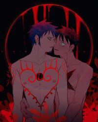 Rule 34 | 2boys, abs, black hair, bleeding, blood, chest tattoo, commentary request, deep wound, demorzel, earrings, eye contact, facial hair, goatee, hand on another&#039;s waist, highres, injury, jewelry, looking at another, male focus, monkey d. luffy, multiple boys, navel, nipples, nude, one piece, open mouth, scar, scar on chest, scar on face, short hair, shoulder tattoo, tattoo, trafalgar law, yaoi, yellow eyes