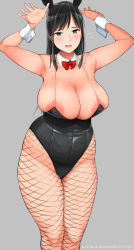 Rule 34 | 1girl, animal ears, areola slip, arms up, artist name, bad id, bad pixiv id, black hair, blush, bow, bowtie, breasts, cleavage, covered erect nipples, detached collar, feet out of frame, fishnet pantyhose, fishnets, highres, kumaneko, large breasts, leotard, looking at viewer, open mouth, original, pantyhose, playboy bunny, rabbit ears, shadow, sidelocks, solo, standing, veins, wrist cuffs
