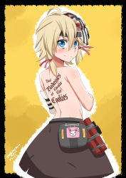 Rule 34 | &gt;:), 1girl, 2014, artist name, back, back tattoo, bad id, bad pixiv id, bags under eyes, bandages, blonde hair, blue eyes, borderlands (series), borderlands 2, dated, dynamite, english text, explosive, highres, looking at viewer, looking back, mask, solo, stormcow, tattoo, tiny tina, tnt, topless, v-shaped eyebrows