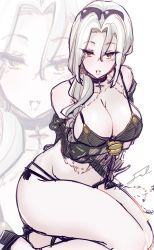 Rule 34 | 1girl, blush, breasts, carmilla (fate), carmilla (swimsuit rider) (fate), carmilla (swimsuit rider) (third ascension) (fate), cleavage, eyewear on head, fate/grand order, fate (series), fue (rhomphair), full body, highres, kneeling, large breasts, open mouth, signature, yellow eyes
