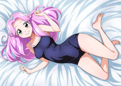 Rule 34 | 1girl, barefoot, bed sheet, breasts, competition school swimsuit, artistic error, green eyes, ha-chan (mahou girls precure!), hairband, hanami kotoha, long hair, looking at viewer, lying, mahou girls precure!, medium breasts, nakahira guy, on back, one-piece swimsuit, pink hair, precure, school swimsuit, smile, solo, swimsuit, wrong foot