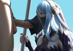 Rule 34 | 1boy, 1girl, azura (fire emblem), blue hair, breasts, covered mouth, erection, fellatio, fellatio under mask, fingerless gloves, fire emblem, fire emblem fates, gloves, headdress, hetero, jornyhail, male pubic hair, mask, mouth mask, mouth veil, nintendo, official alternate costume, open mouth, oral, penis, profile, pubic hair, staff, uncensored, veil, veins, veiny penis, yellow eyes