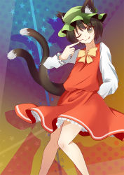Rule 34 | 1girl, :p, animal ears, bow, bowtie, brown hair, cat, cat ears, cat tail, chen, dress, fingernails, hand to own mouth, hat, long sleeves, looking at viewer, mob cap, multiple tails, nail polish, nekomata, one eye closed, red nails, sharp fingernails, slit pupils, solo, tail, tongue, tongue out, touhou, vivicat