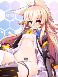 Rule 34 | 1girl, ahoge, animal ears, armor, asymmetrical legwear, barcode, barcode tattoo, black gloves, black thighhighs, blonde hair, blue eyes, blush, breasts, character name, crop top, elbow gloves, fang, fox ears, g41 (girls&#039; frontline), girls&#039; frontline, gloves, hair between eyes, hand on own chest, heterochromia, hexagon, highres, hip focus, long hair, looking at viewer, mismatched legwear, mou tama maru, navel, open clothes, open mouth, open shirt, panties, red eyes, shirt, sitting, small breasts, smile, solo, tattoo, thighhighs, thighs, underwear, white panties, white thighhighs