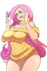 Rule 34 | 1girl, aqua eyes, bare shoulders, blush, bracelet, breasts, bug, butterfly, curvy, dress, fluttershy, half-closed eyes, highres, huge breasts, insect, jewelry, large breasts, long hair, maniacpaint, my little pony, my little pony: friendship is magic, panties, pantyshot, personification, pink hair, scarf, simple background, smile, solo, sweater, sweater dress, thighs, underwear, very long hair, white background, wide hips