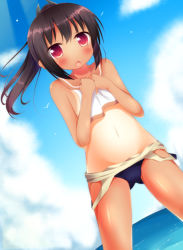 Rule 34 | 10s, 1girl, bad id, bad pixiv id, bare shoulders, blush, brown hair, clothes pull, gluteal fold, i-401 (kancolle), kantai collection, navel, one-piece swimsuit pull, one-piece tan, open mouth, ponpon (tosico), ponytail, red eyes, sailor collar, school swimsuit, short hair, short ponytail, solo, swimsuit, unworn swimsuit, tan, tanline