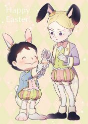 Rule 34 | 2boys, :o, ^ ^, animal ears, black hair, blush, bojji, bow, bowtie, brothers, buttons, closed eyes, closed mouth, commentary request, daida, easter, egg, green vest, happy easter, holding, holding egg, long sleeves, looking down, male focus, multiple boys, nikomi (nikomix), ousama ranking, pink bow, pink bowtie, pink shorts, pink vest, rabbit ears, shirt, short hair, shorts, siblings, smile, standing, tailcoat, vest, white shirt