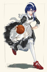 Rule 34 | 1girl, alternate costume, apron, ball, basketball, basketball (object), black dress, blue eyes, blue hair, brown background, collared dress, commentary, diamond earrings, dress, earrings, enmaided, foot up, frilled dress, frills, full body, highres, holding, holding ball, isshiki (ffmania7), jewelry, juliet sleeves, kamitsubaki studio, long sleeves, looking to the side, low ponytail, maid, maid apron, maid headdress, multicolored eyes, multicolored hair, pantyhose, puffy sleeves, red eyes, red footwear, red hair, rim (kamitsubaki studio), running, shadow, shoes, signature, sleeve cuffs, smile, sneakers, solo, streaked hair, symbol-only commentary, twitter username, virtual youtuber, white pantyhose, yellow pupils